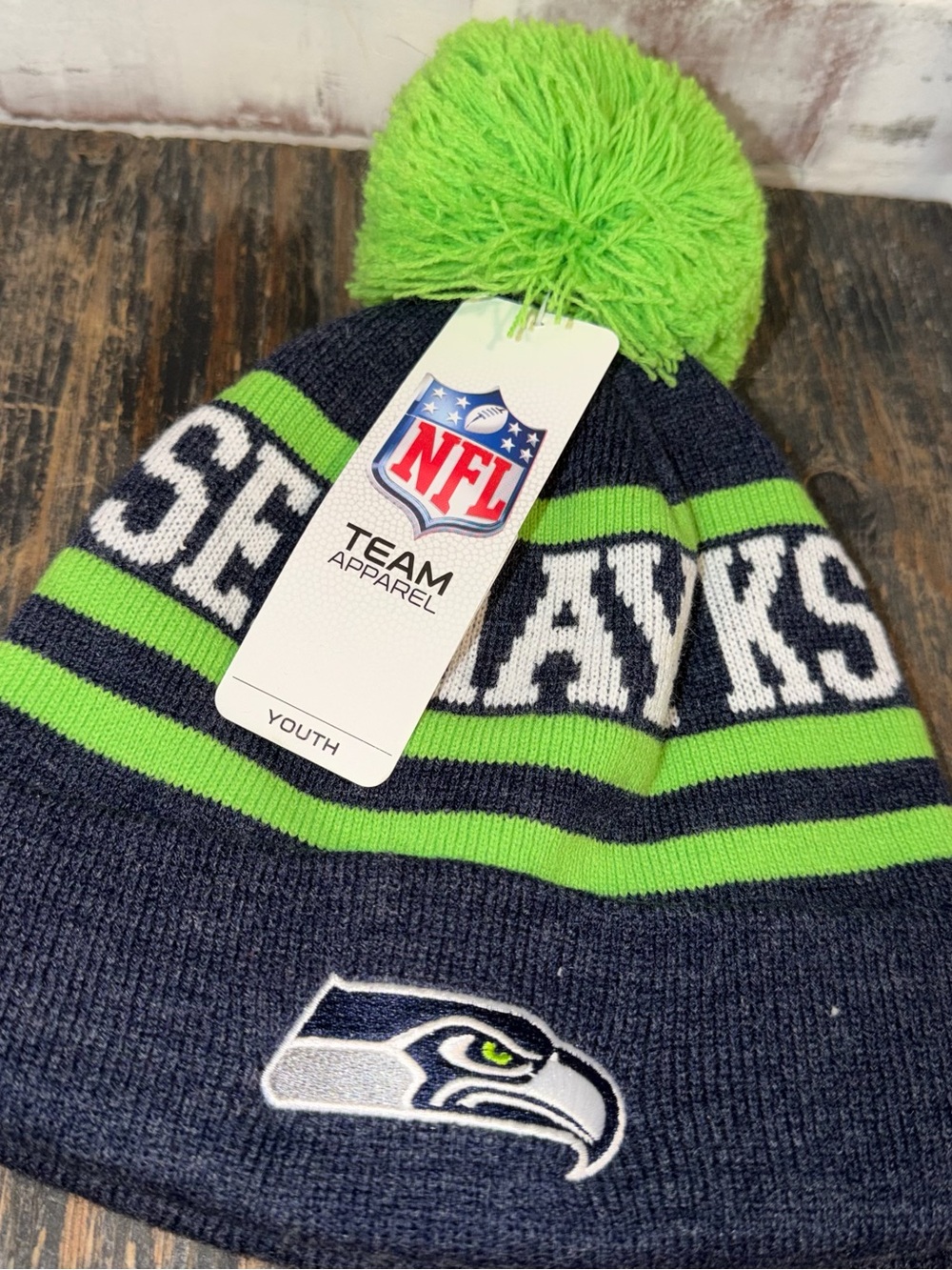 NFL Seattle Seahawks Youth Knit Pom Beanie - Navy and Neon Green